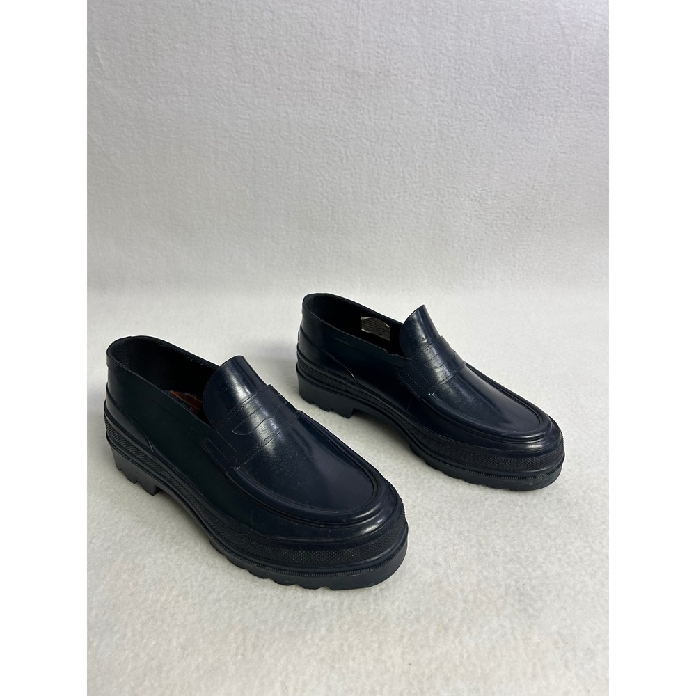 Preppy Outdoor Eddie Bauer Women 7 Navy Blue Rubber Penny Rain Loafers